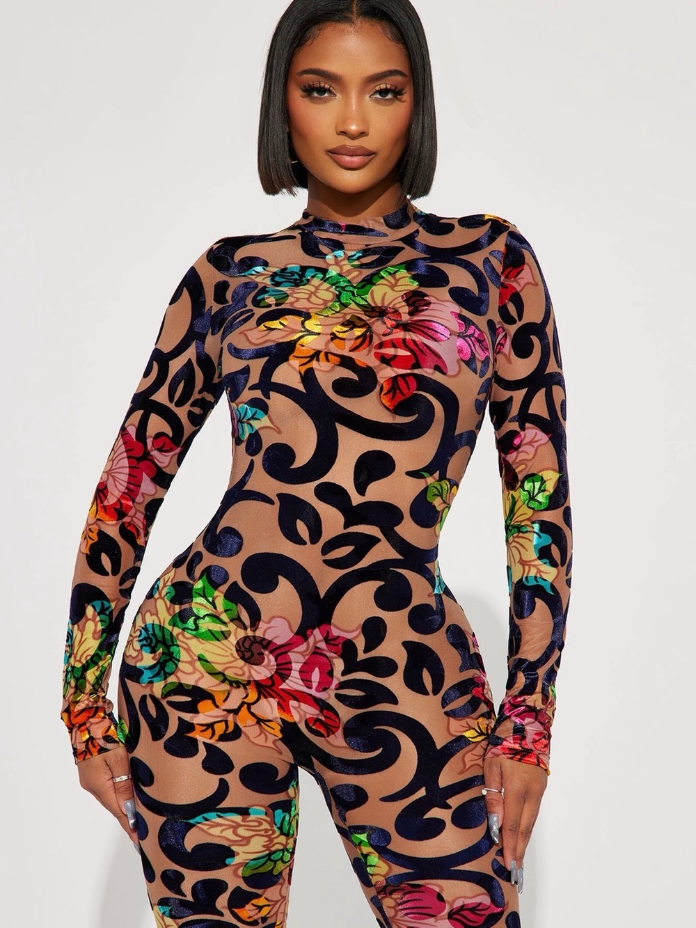 Floral Velvet-Print Long Sleeve Mock Neck Top - Multicolor